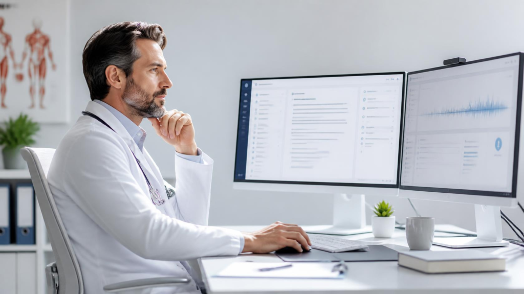 Physician using AI medical documentation with human review and oversight