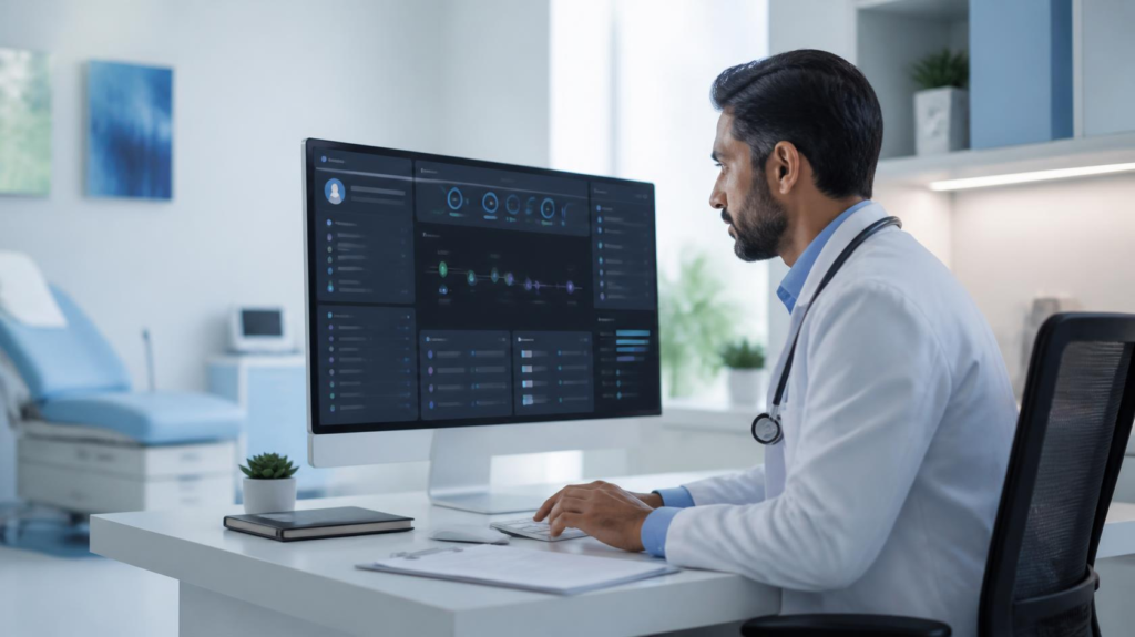 A physician cross-references an AI-generated patient summary against the full medical record before a scheduled appointment