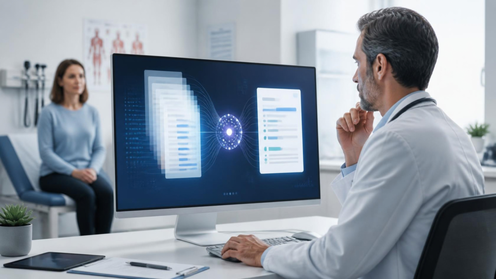 Physician reviewing an AI-generated clinical note to reduce medical documentation bloat
