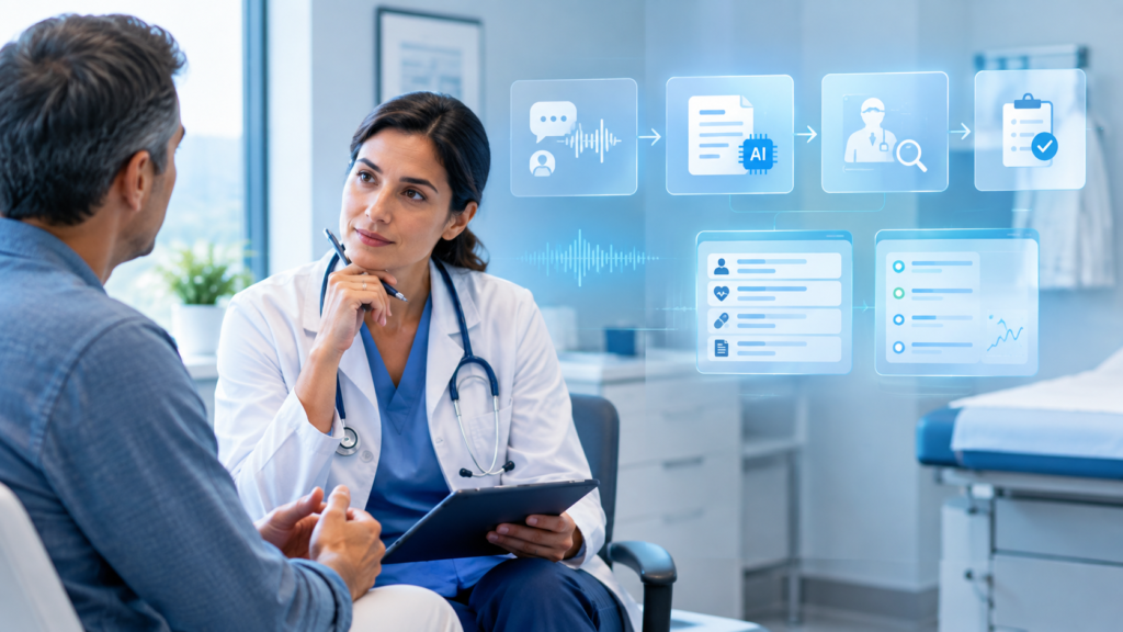 Physician and patient discussing care while AI medical scribe supports clinical documentation and physician decision-making